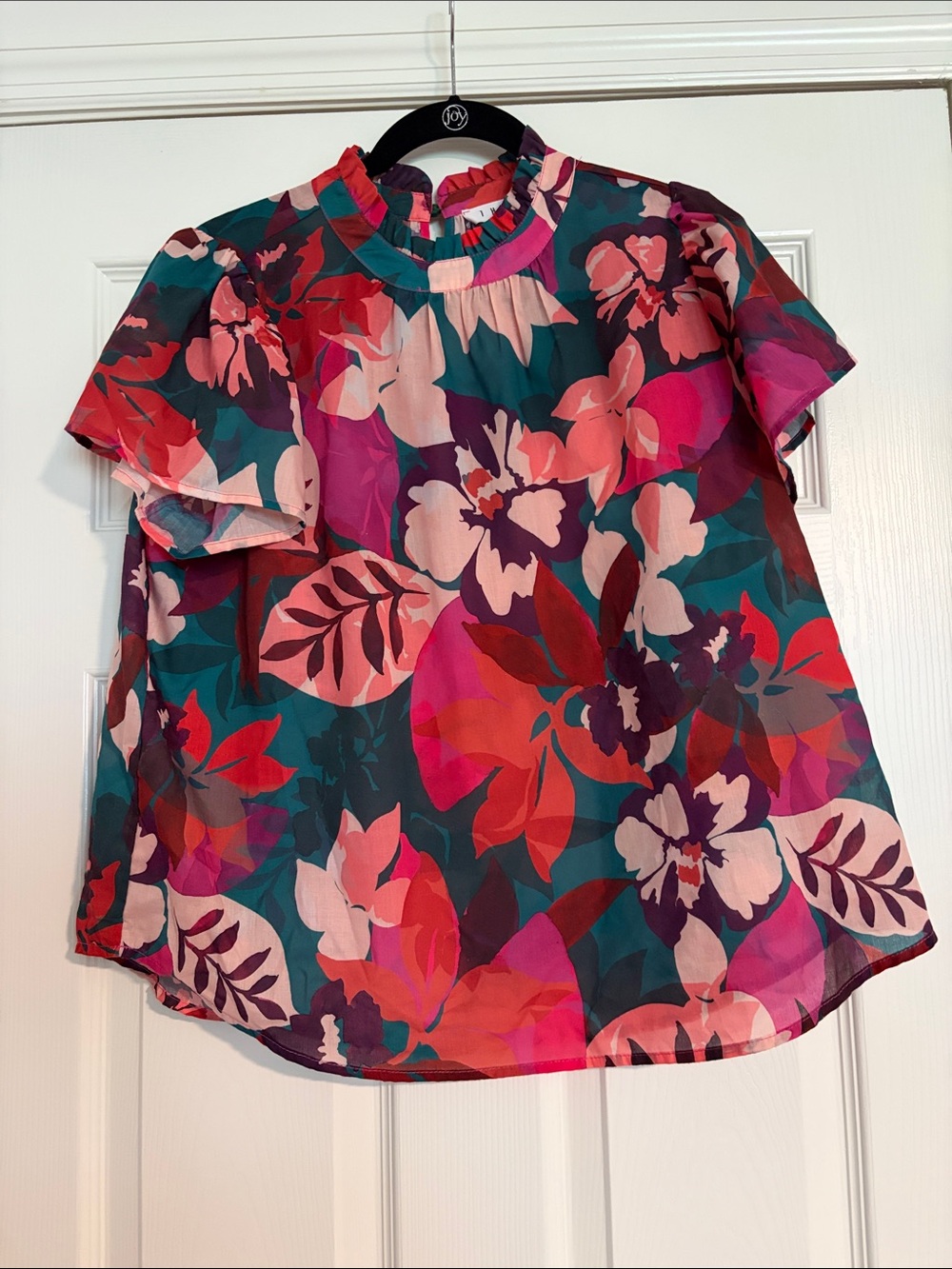 THML Floral Flutter-Sleeve Blouse with Pink & Coral Accents
